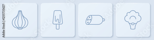 Set line Garlic, Salami sausage, Ice cream and Broccoli. White square button. Vector