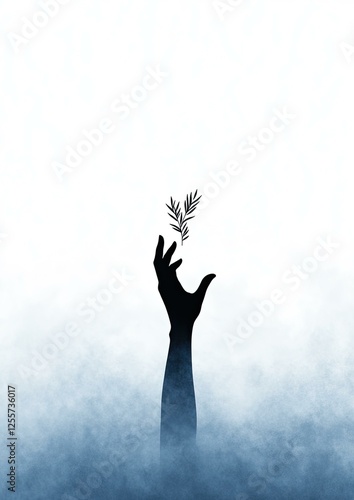 Silhouette of a Hand Reaching Upward from a Misty Background, Holding a Small Branch