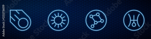 Set line Great Bear constellation, Comet, Sun and Symbol Uranus. Glowing neon icon on brick wall. Vector