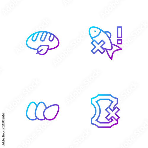 Set line No leather, Chicken egg, Vegan bread loaf and fish. Gradient color icons. Vector