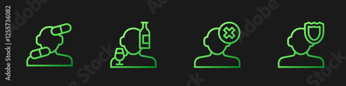 Set line Solution problem in psychology, Sedative pills, Alcoholism and Psychology. Gradient color icons. Vector