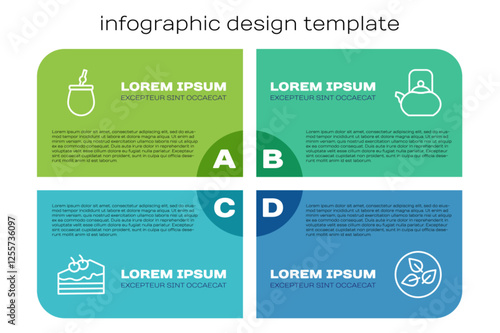 Set line Piece of cake, Mate tea, Tea leaf and Kettle with handle. Business infographic template. Vector
