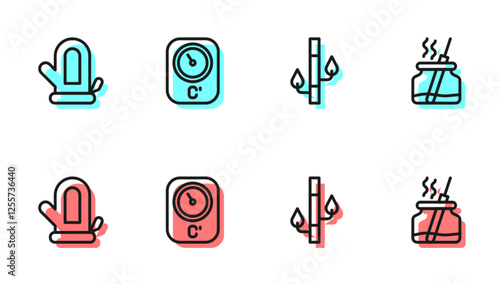 Set line Bamboo, Sauna mitten, thermometer and Aroma diffuser icon. Vector