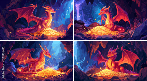 Dragon defending golden treasure cartoon vector scenes. Cavern boulders wings rocks fire breathing cave coins pile rich enchantment lizard wealth gems legendary serpent medieval guardian concepts