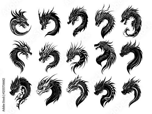 Drake dragon serpent heads black ink drawing collection. Mythological wyvern lizard mystical armored snake, ancient fabled soaring winged monster, colossal prehistoric reptile creature, isolated