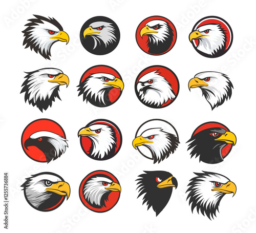 Eagle hawk heads logos cartoon vector set. Claw feather gliding bird predator avatars, mighty king aerial stalker plumage flying raptor, round circles icons isolated illustrations on white