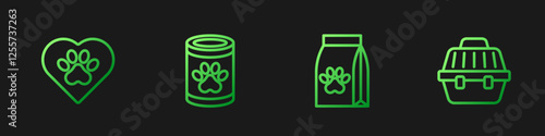 Set line Bag of food for pet, Heart with animals footprint, Canned and Pet carry case. Gradient color icons. Vector