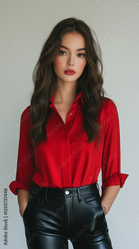 Fashionable woman in black leather pants and ruby shirt for modern style inspiration Fashionable woman in black leather pants and ruby shirt for modern style inspiration