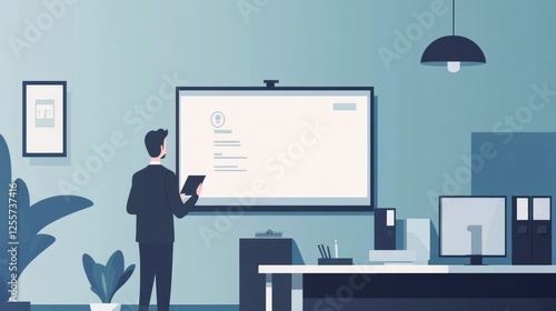 illustration of a corporate presentation with a large screen and professional setting
