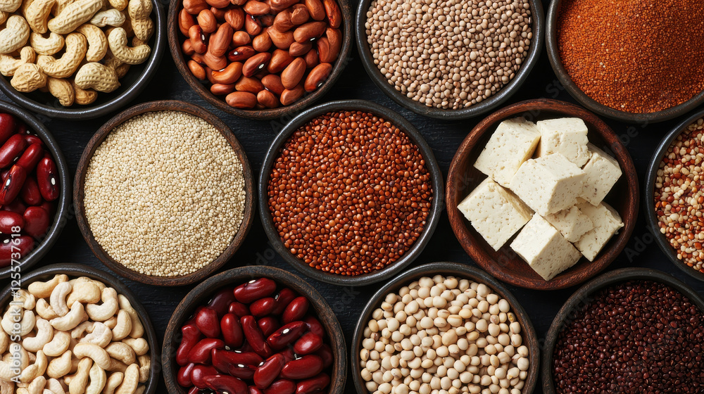 Assorted plant based protein sources including beans, nuts, and tofu Assorted plant based protein sources including beans, nuts, and tofu