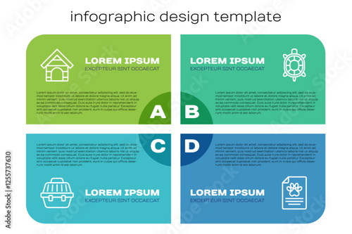 Set line Pet carry case, Dog house, Medical clinical record pet and Turtle. Business infographic template. Vector