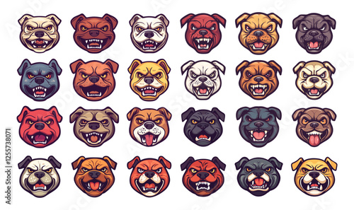 Evil angry bulldog avatars cartoon. jaw fangs open mouth furious head dog aggressive faces pet portraits, canine hound icons, isolated vector illustrations on white backdrop