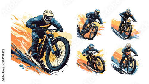 Extreme trail mountain bike cartoon concepts. Bicycle helmet rider maneuvering slope descending, adrenaline sport steering contest rugged terrain rapid drop leaping descent character isolated art