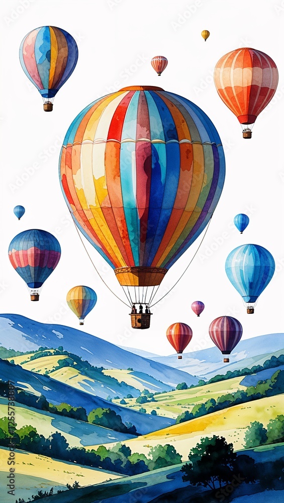 Obraz premium Hot Air Balloons Over Rolling Hills watercolor in Scenic Balloon Landscape on plain white background