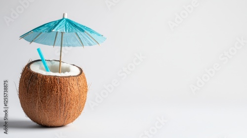 Wallpaper Mural Tropical delight coconut with blue umbrella and straw perfect for summer refreshment Torontodigital.ca