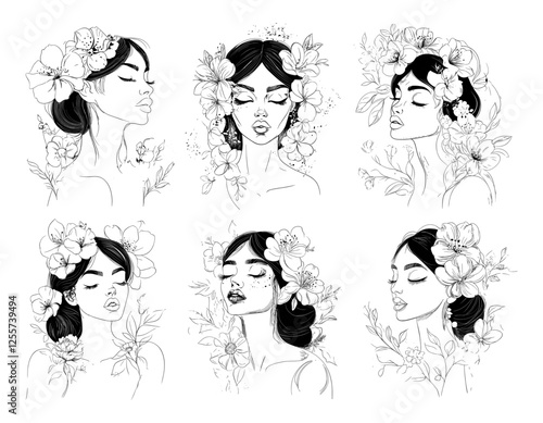 Female outline portraits floral vector drawings. Shut closed eyes blooms foliage petals greenery woman faces, tranquil peaceful soothing graceful simple lady elegance monochrome avatars isolated