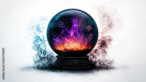 a glowing crystal orb with magical spell symbols, fantasy artifact, vibrant and mystical, isolated on white background photo