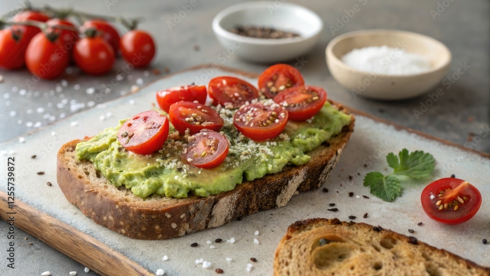 Toasted whole grain bread topped with mashed avocado sliced cherry tomatoes and a sprinkle of salt and pepper on a natural stone table, , cherry tomatoes Toasted whole grain bread topped with mashed avocado sliced cherry tomatoes and a sprinkle of salt and pepper on a natural stone table, , cherry tomatoes