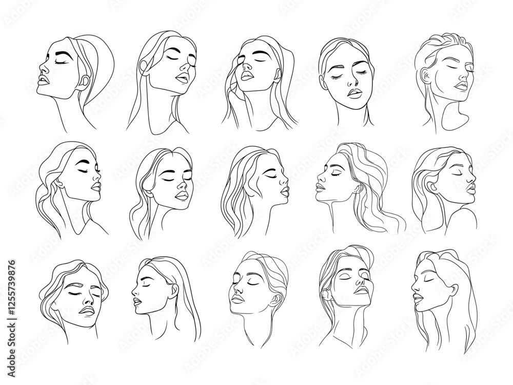 Female woman black outline portraits. Shut closed eyes faces long hair extended locks varied perspectives tranquil girl avatars, single tone drawings sketches isolated vector illustrations Female woman black outline portraits. Shut closed eyes faces long hair extended locks varied perspectives tranquil girl avatars, single tone drawings sketches isolated vector illustrations