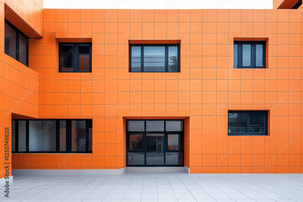 Orange tiled building facade with black windows Orange tiled building facade with black windows