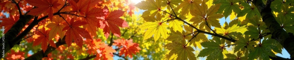 Tree canopy with bright yellow red green leaves in sunlight, botanical garden, leaves, canopy Tree canopy with bright yellow red green leaves in sunlight, botanical garden, leaves, canopy