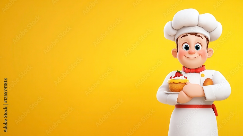 Smiling cartoon chef holding a plate of pastry against a vibrant yellow background. Smiling cartoon chef holding a plate of pastry against a vibrant yellow background.