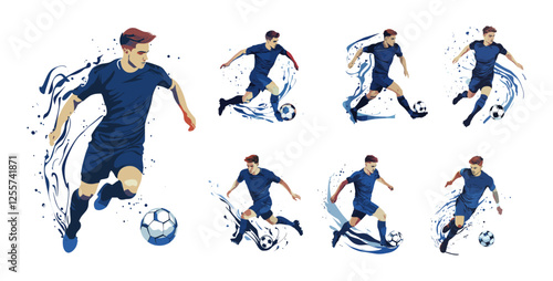 Football dribbling player color ink sketch vector set. Soccer footballer male midfielder sport team controlling ball member active pose printing forward attacker dynamic defender figure isolated art