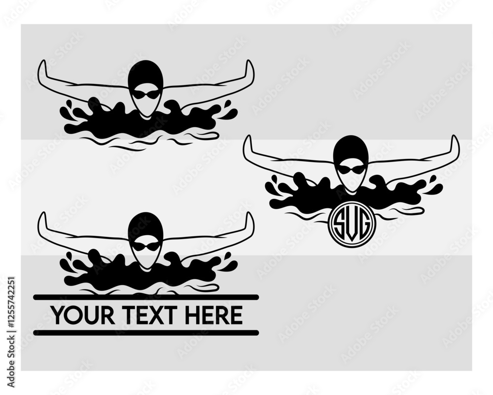 Obraz premium Swimming Monogram SVG Silhouette Bundle, Swimming Silhouette, Swimmer Svg, Sports Svg, Girl Swimming Svg, Beach Pool Silhouette svg, Swim Png, Waves Svg, Vector Swimming svg, Swimming Png, Cut Files