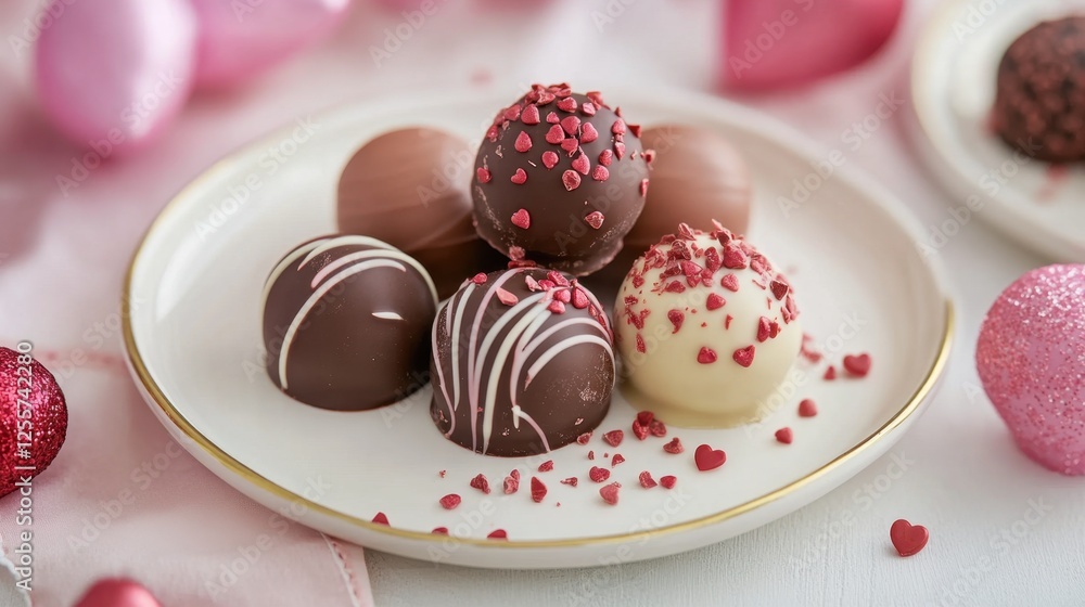A close-up of a Valentine chocolate set featuring premium chocolate bonbons and truffles with decorative toppings, placed on a fine porcelain plate. A close-up of a Valentine chocolate set featuring premium chocolate bonbons and truffles with decorative toppings, placed on a fine porcelain plate.