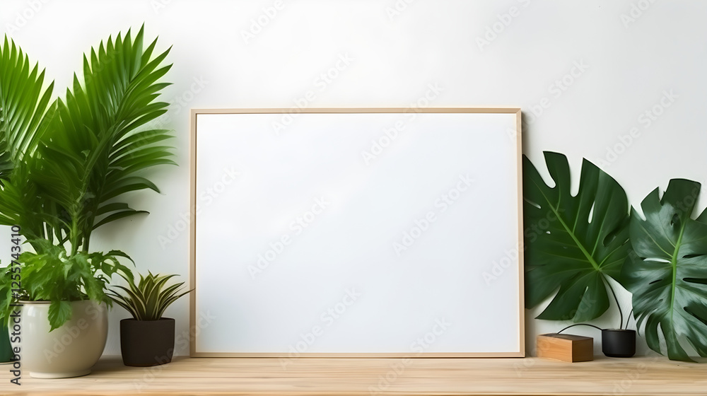 Blank White Frame Mockup with Tropical Plants on Wooden Table Minimalist Home Decor Blank White Frame Mockup with Tropical Plants on Wooden Table Minimalist Home Decor