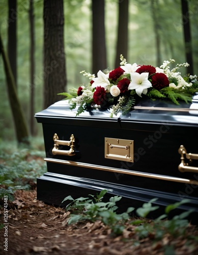 A flowery coffin in the forest photo