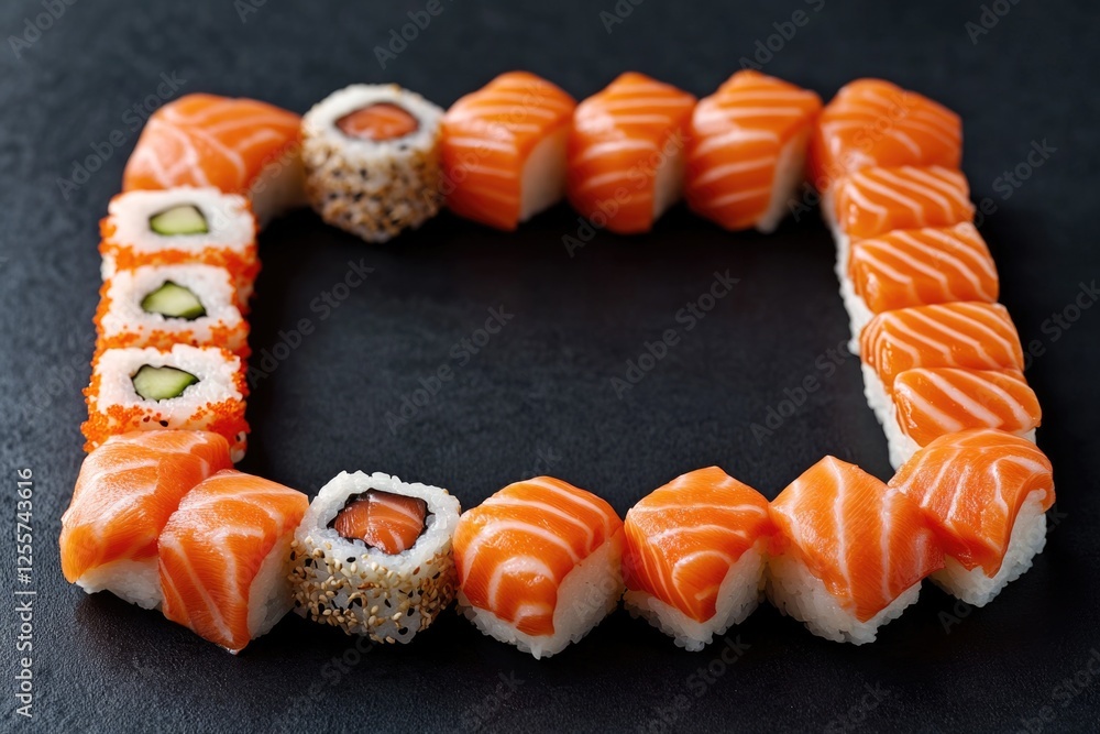 A selection of sushi and rolls placed on a dark table A selection of sushi and rolls placed on a dark table