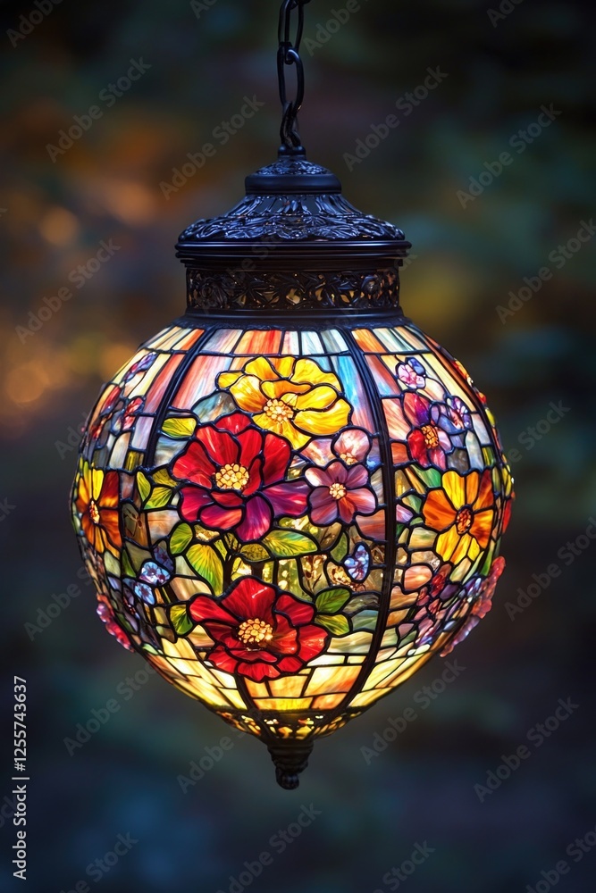 A single stained glass lamp hangs from a chain, emitting warm light A single stained glass lamp hangs from a chain, emitting warm light
