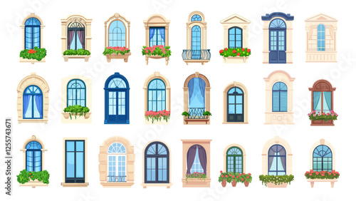 Glass windows panels cartoon vector set. Transparent cornice shutters old classical modern glazing borders, facade frame outdoor building decor elements, arched crystal openings, isolated vectors
