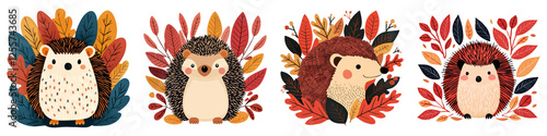 hedgehog clipart concept. Whimsical hedgehogs surrounded by colorful autumn leaves in a playful illustration. on Transparent background.