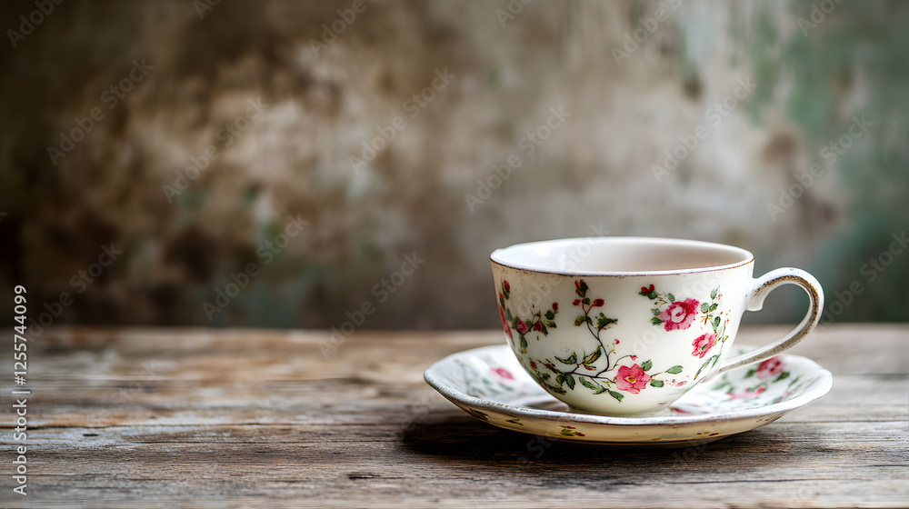 Fototapeta premium A cracked porcelain teacup with a delicate floral pattern on an aged wooden table.