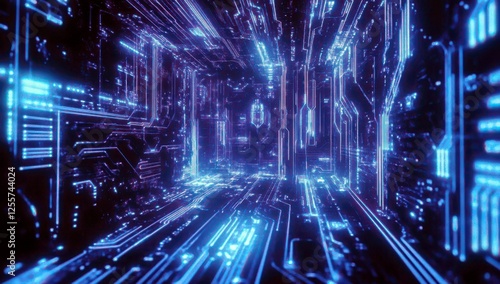 Futuristic Blue Digital Tunnel with Glowing Circuit Patterns and Lines Representing Technology and Innovation