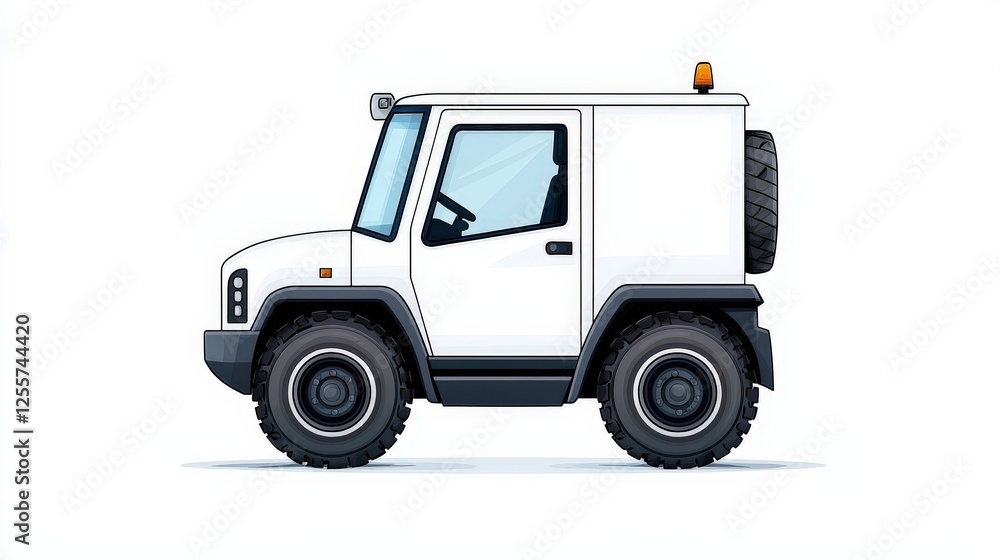 Fototapeta premium Cartoon Style Light Utility Vehicle with Orange Beacon on Top in Side View Illustration