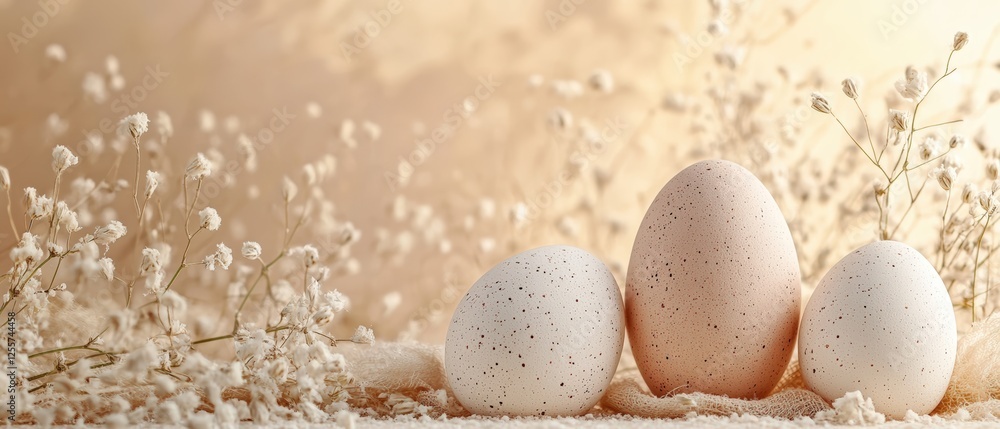 Boho Easter Serenity: Handmade Clay Eggs and Linen Textures in Warm Earthy Tones on Taupe Background Boho Easter Serenity: Handmade Clay Eggs and Linen Textures in Warm Earthy Tones on Taupe Background