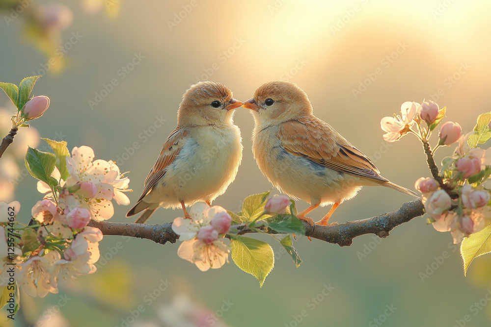 Fototapeta premium Two birds kissing on blossoming branch at sunset