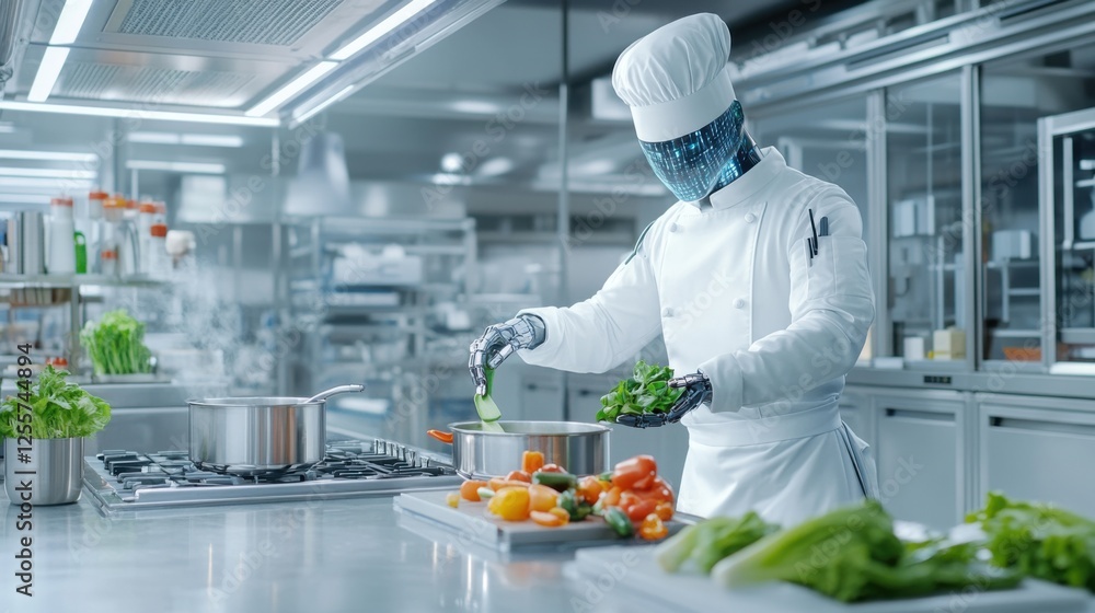 A cybernetic chef in a professional kitchen, skillfully chopping vegetables and stirring a pot on the stove A cybernetic chef in a professional kitchen, skillfully chopping vegetables and stirring a pot on the stove