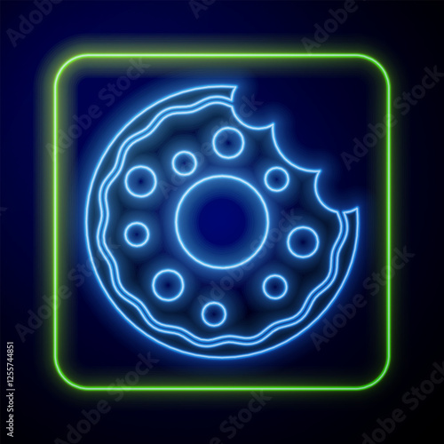 Glowing neon Donut with sweet glaze icon isolated on blue background. Vector