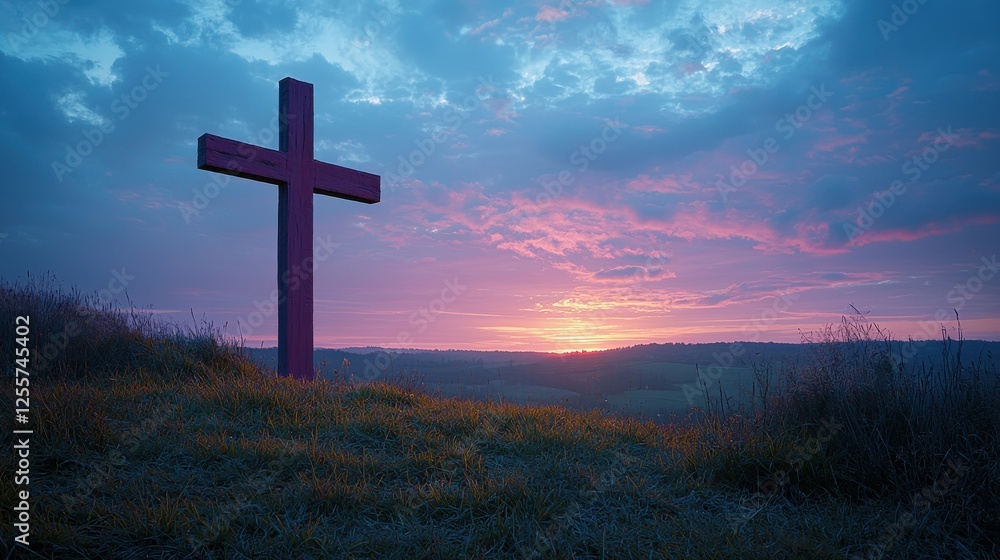 Sunset view behind a cross on a hillside creating a serene atmosphere Sunset view behind a cross on a hillside creating a serene atmosphere