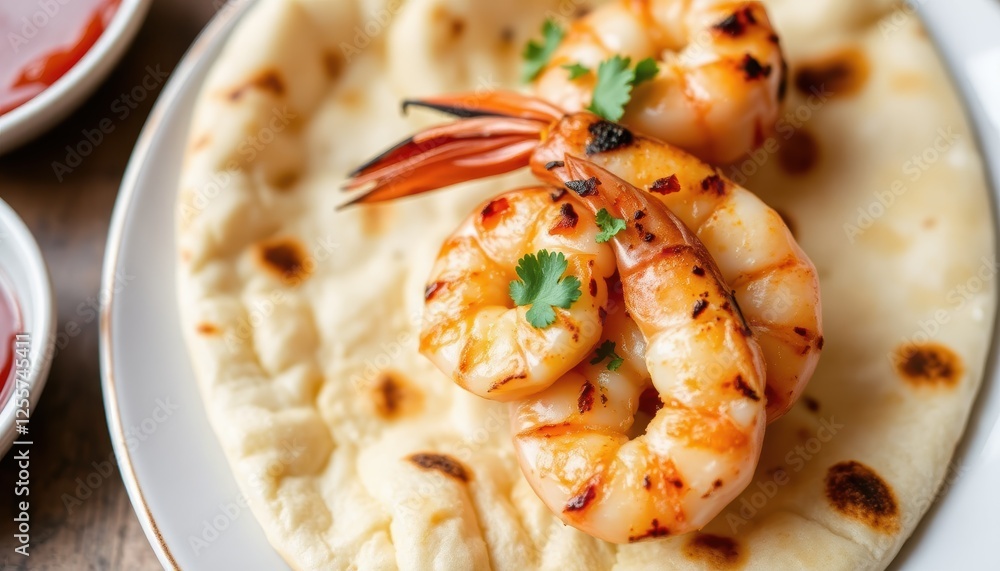 A flatbread with skewered shrimp on ceramic plate A flatbread with skewered shrimp on ceramic plate