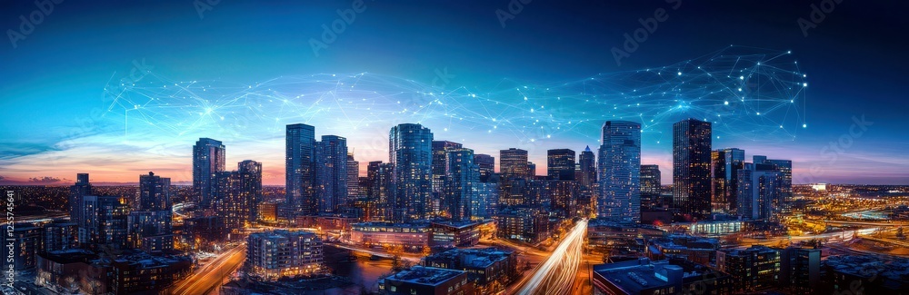 Fototapeta premium Aerial Cityscape of Modern Urban Skyline at Dusk with Vibrant Colors and Digital Network Overlay Illustrating Connectivity and Technology Integration