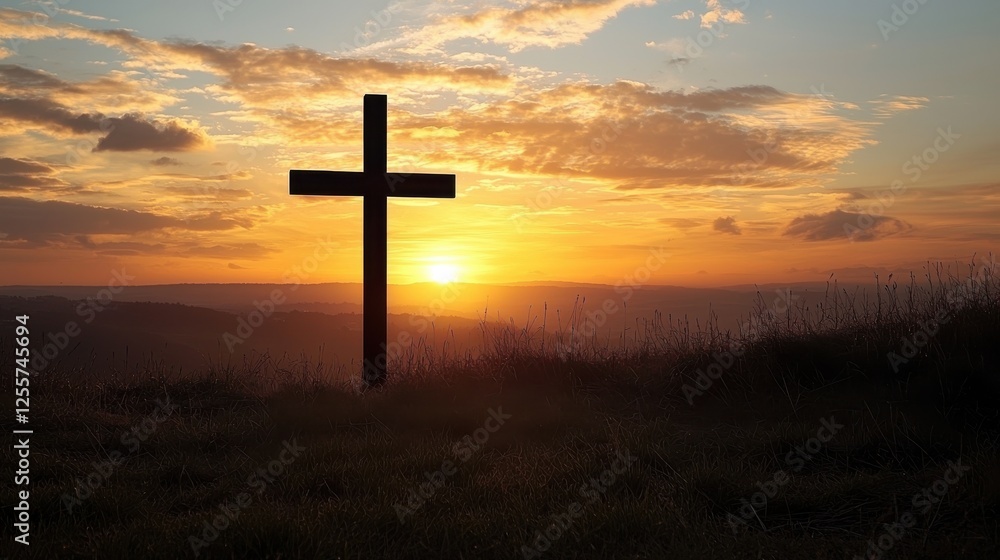 Sunset view with wooden cross on a hillside conveys peace and tranquility at dusk Sunset view with wooden cross on a hillside conveys peace and tranquility at dusk