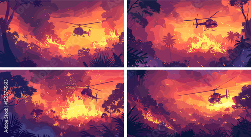 Helicopter suppressing forest fire cartoon vector scenes. Aircraft firefighters woodland smoke searing blaze flame sparks vehicle emergency evacuation operation assistance support accident concepts