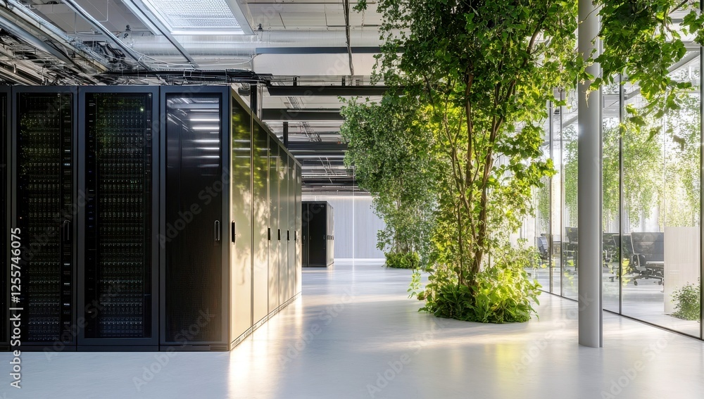 Modern office space featuring data storage cabinets and lush greenery in a bright and open environment for a harmonious work atmosphere Modern office space featuring data storage cabinets and lush greenery in a bright and open environment for a harmonious work atmosphere