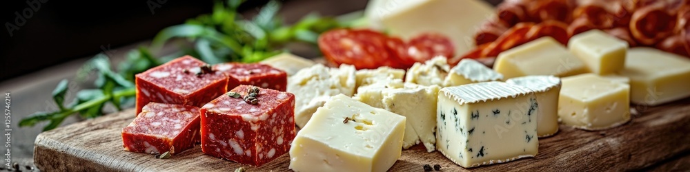 A wooden cutting board loaded with cheese and various meats, perfect for snacking or serving at a party A wooden cutting board loaded with cheese and various meats, perfect for snacking or serving at a party