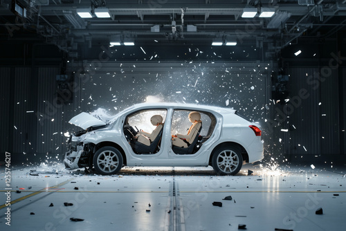 Car crash test with dummies in a controlled setting